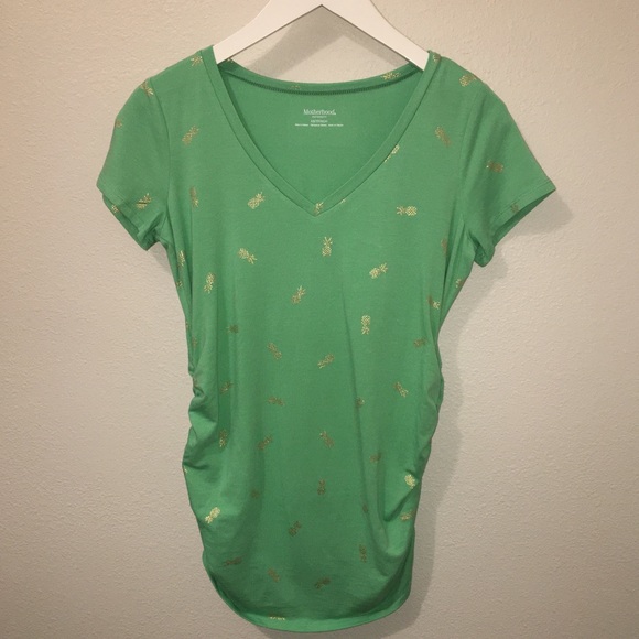 Motherhood‎ Maternity T-shirt V neck size XL Pineapple fitted Side ruche Summer - Picture 1 of 5